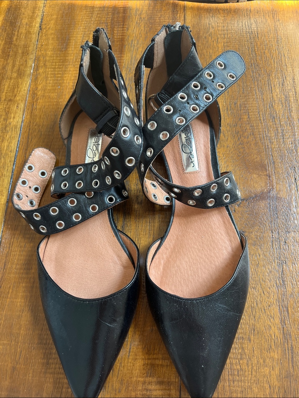 Halogen Black Pointed-Toe Ankle-Strap Heels with Silver Grommets